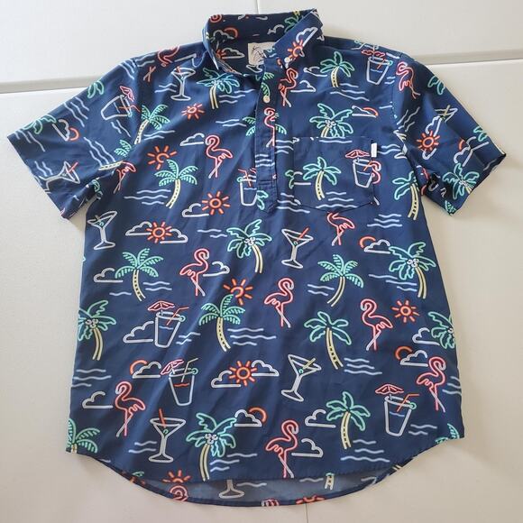 Chubbies Shirt Mens Medium Blue Flamingo Palm Tree Neon Print Stretch Casual - Picture 1 of 7
